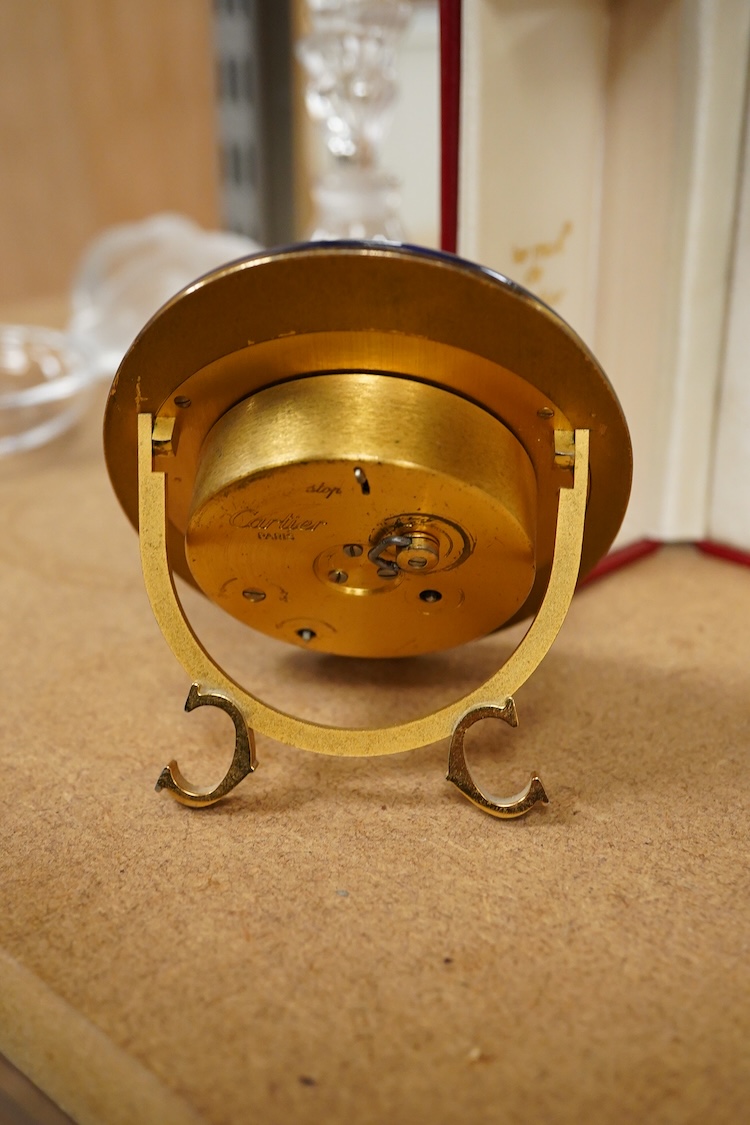 A Must de Cartier blue-enamelled travelling timepiece, in original case, 9.5cm high